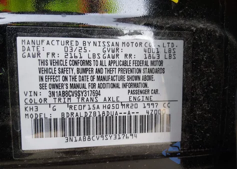 2025 Nissan Sentra Sv z USA, uszkodzony, nr VIN 3N1AB8CV9SY317694